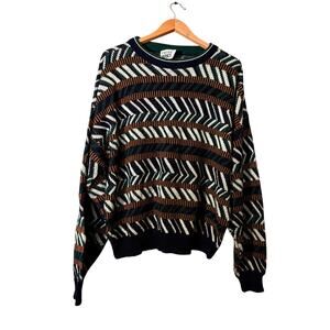 Vintage Trend Basics Geometric Knit Sweater Chevron Pattern Multicolor Crewneck